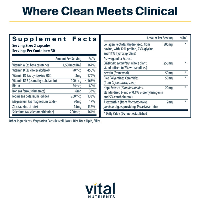 Vital Nutrients Hair Growth Vitamins Complex for Women - Hair Growth Supplement Supports Fuller, Thicker, Stronger with Keratin, Ashwagandha, Hops and Biotin - Vegan, Dairy, Gluten Free - 60 Count