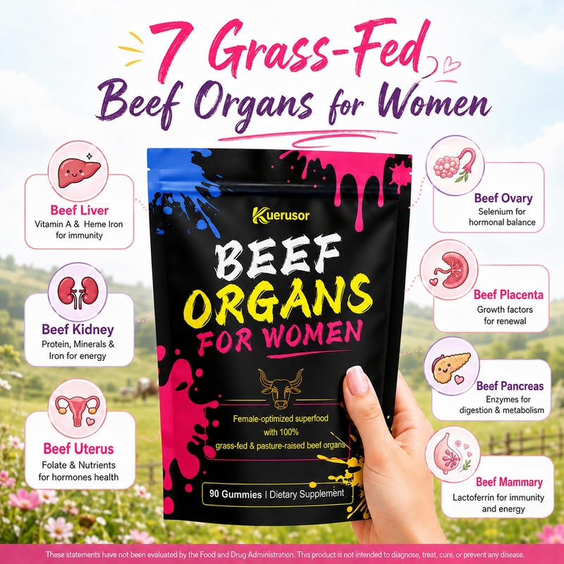 Beef Organ Supplement for Women, 100% Grass Fed - 90 Gummies | Grass Fed Beef Liver, Kidney, Uterus Tissue & More, Support Hormone Balance, Menstruation, Women's Overall Energy and Health