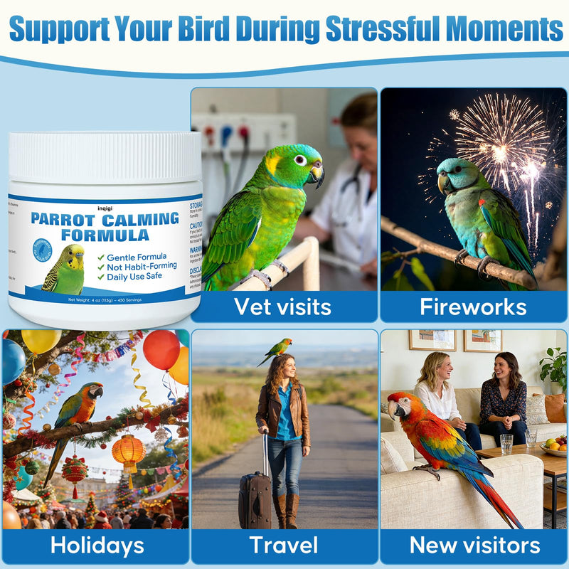 Parrot Calming Supplement – 4oz – Natural Bird Behavior Support Powder for Travel, Loud Noises & Visitors – Vet-Formulated, Easy Daily Use for Parrots