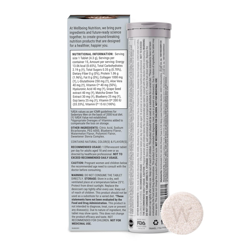 WELLBEING NUTRITION Skin Fuel with Collagen, L-Glutathione, Hyaluronic Acid, Matcha Green Tea, Aloe Vera, Grape Seed, Vitamin C, E - 30 Effervescent Tablets