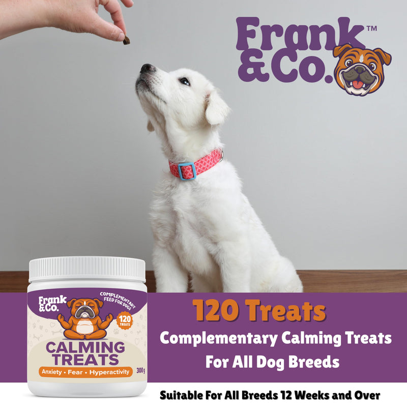 Frank & Co Calming Treats for Dogs – 120 Soft Chews with L-Tryptophan, L-Theanine, Magnesium, Chamomile, Passionflower, Hemp Seed Oil & Probiotics – Natural Daily Calm Support