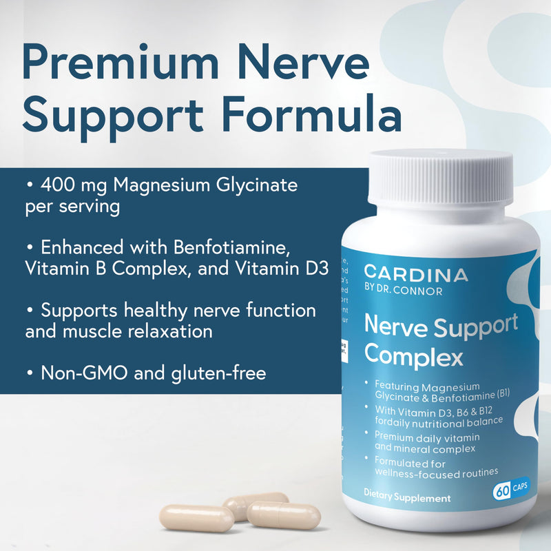 Magnesium Glycinate Supplements with Benfotiamine, Vitamin B6, B12, D3-60 Capsules - Non-GMO Nerve Support Calf, Leg Cramp Pills - Vegan, Gluten Free Magnesium Supplement for Women and Men 60 Count (Pack of 1)