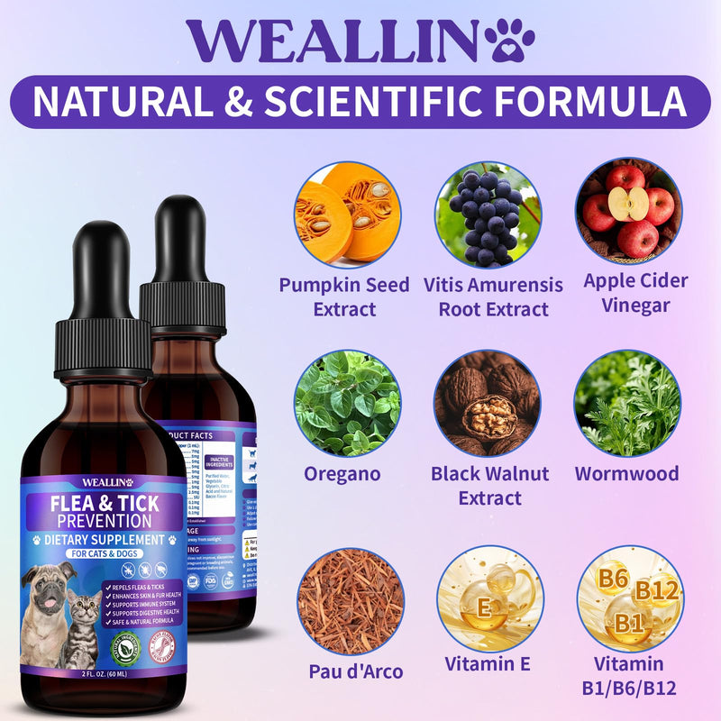 WEALLIN Flea and Tick Prevention Support Drop for Dogs & Cats + 200 Chews for Cats | Pets Oral Natural Supplement Flea and Tick Treatment for All Breeds and Ages