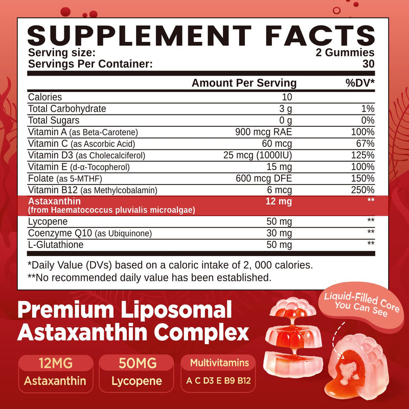 Liposomal Astaxanthin 12mg Gummies for Powerful Antioxidant, Vegan, 60 | Organic Astaxanthin Supplements with Lycopene, Glutathione, Vitamins & CoQ10 for Eye, Skin & Immune Health, Sugar Free