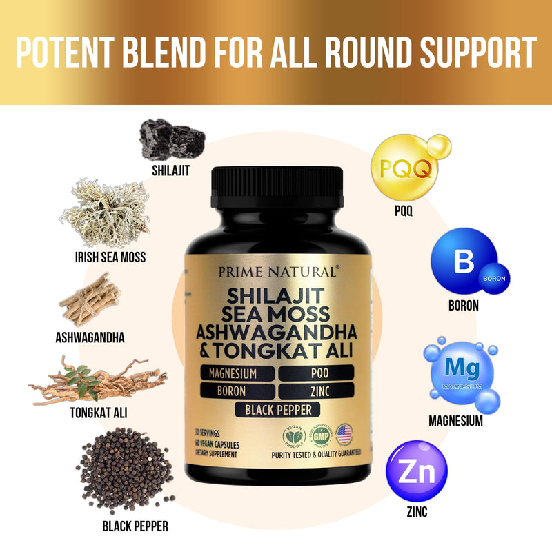 Shilajit 10,000mg, Irish Sea Moss 2000mg, Ashwagandha 3000mg, Tongkat Ali 30,000mg, Boron, Magnesium, PQQ & More | 60 Capsules - 30 Days Supply| Fulvic Acid Veg Capsules| Vegan| Gluten Free | Non-GMO - BeesActive Australia