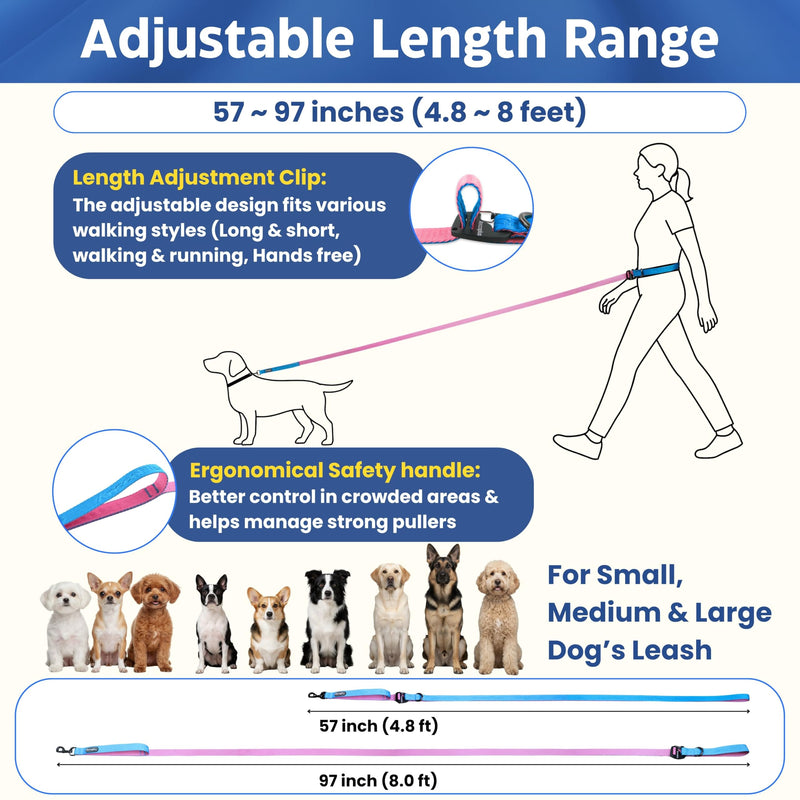 Anccoplus Hands Free Dog Leash, Multifunctional Crossbody Running for Dogs, Ultra-Light Dog Training Leash with Secure Clip, Short & Long Leashes, Adjustable Service Dog Leashes (Aqua Pink) Aqua Pink