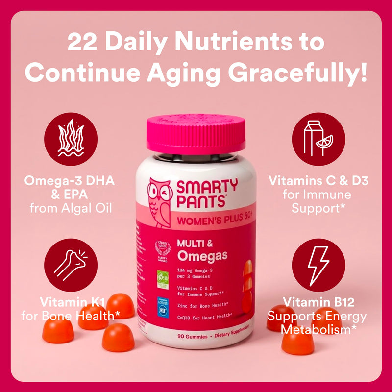 SmartyPants Women’s Plus 50+ Multi & Omegas Multivitamin Gummies with Omega 3 DHA/EPA, Methylfolate, CoQ10, Vitamin D3, C, B12, B6, A, K, Biotin, Two Fruit Flavors, 90 Count (30 Day Supply) 1 Count (Pack of 1) New Formula