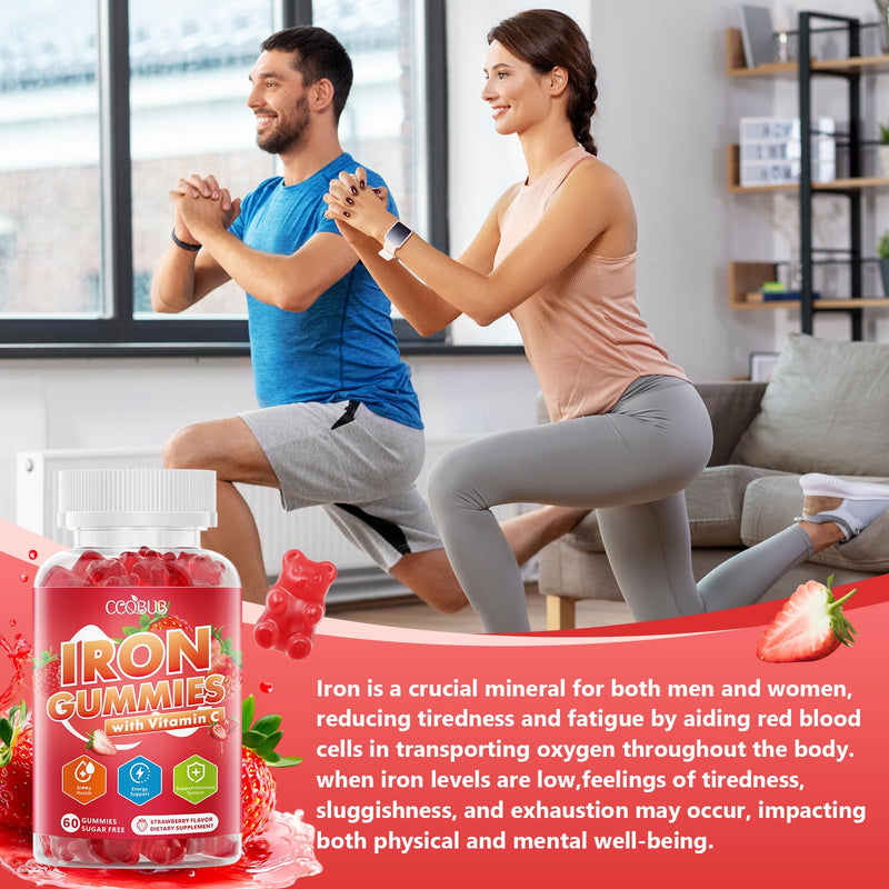 Iron Gummies with Vitamin C, Iron Supplement for Women & Men, 120 Count | Immune Support, Blood Builder & Energy Support for Iron Deficiency, Sugar Free, Vegan, Strawberry Flavor