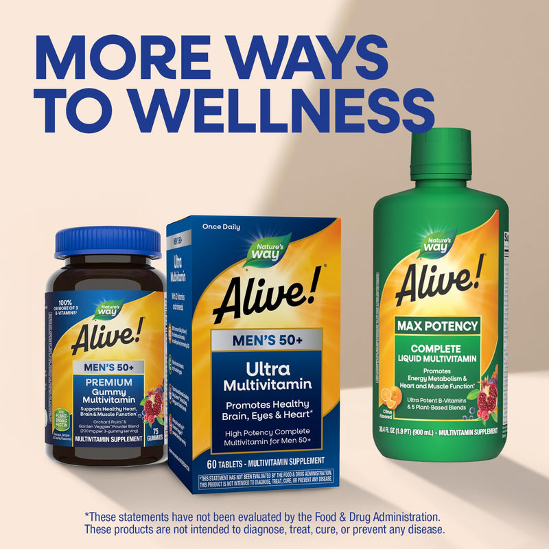 Nature's Way Alive! Men's 50 Plus Ultra Potency Multivitamin, 60 ct x3 | Complete High Potency Formula, Vitamin D3, C, E, Methyl B12, Supports Cellular Energy, Heart, Brain, & Eye Health,* 3 Pack 60 Count (Pack of 3)