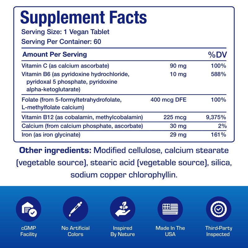 Slow Release Iron Supplement with Vitamin C - High Absorption Gentle Iron with Vitamin C for Women with Methyl B Complex for Maximum Benefits - Stomach Friendly Vegan & Made in The USA - 60 Servings