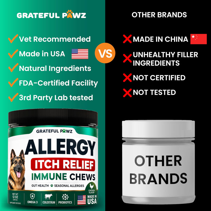 Dog Allergy Chews - Dog Allergy Relief - 170 Treats with Probiotics and Colostrum for Itchy Skin Relief to Support Seasonal Allergy and Healthy Immune System - All Natural Anti-Histamine - Made in USA Allergy&Itch Relief