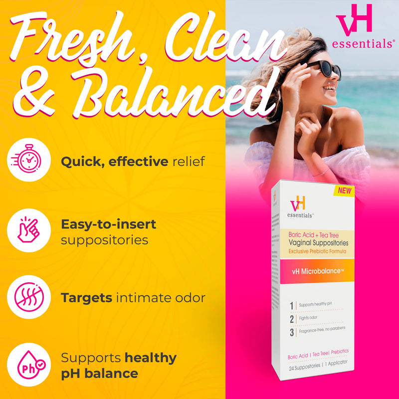 vH essentials Boric Acid + Tea Tree Vaginal Suppositories - Prebiotics Formula with Lactic Acid - PH Balance, Odor Control, Feminine Care - 24 Suppositories + Applicator, White, 2.4 Ounces (5397) Medication - BeesActive Australia