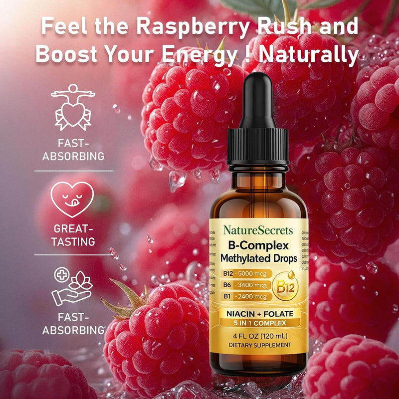 NATURESECRETS B-Complex Methylated Drops, with B12 B6 B1, Fast Sublingual Absorption, Essential B Vitamins for Energy & Nervous System Support, Raspberry Flavor, 120 mL / 4 fl oz