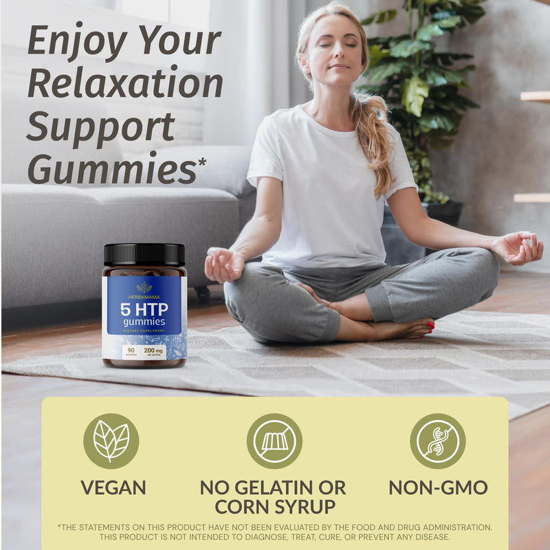 HERBAMAMA 5-HTP Gummies - 200mg 5-Hydroxytryptophan Relaxation & Calm Gummies for Adults - Vegan, Non-GMO Brain Support Supplement - 90 Pectin-Based Blueberry-Flavored Chews