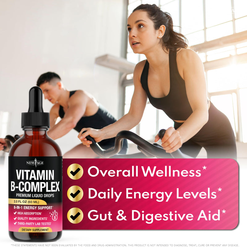 NEW AGE Vitamin B-Complex B5 Pantothenic Acid | B12 Methylcobalamin | B1 Thiamine | B6 Pyridoxine | B7 Biotin | B9 Folic | B3 Niacinamide - B Complex Liquid Drops, Made in USA Supplement - 2fl oz 2 Fl Oz (Pack of 1)