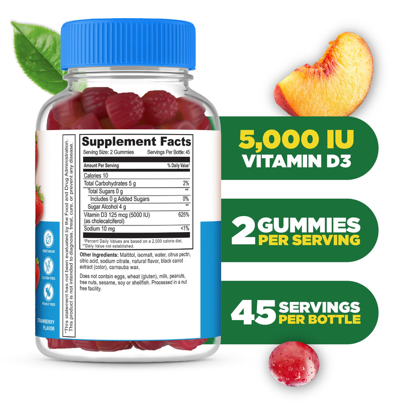 Lifeable Sugar Free Vitamin D 5000 IU - Great Tasting Natural Flavor Gummy Supplement - Gluten Free Vegetarian GMO-Free Chewable - for Immune Support and Bone Health - for Adults - 90 Gummies 90 Count (Pack of 1)
