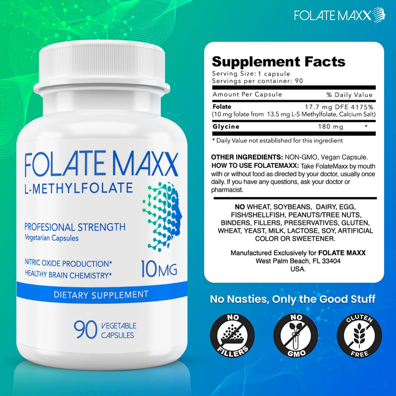 FolateMaxx L-Methylfolate 10mg, 90 Capsules – Doctor Formulated Methyl Folate Supplement for Women & Men – High Potency 5-MTHF for Energy, Mood & Focus – Non-GMO, Gluten-Free (3-Month Supply) 90 Count (Pack of 1)