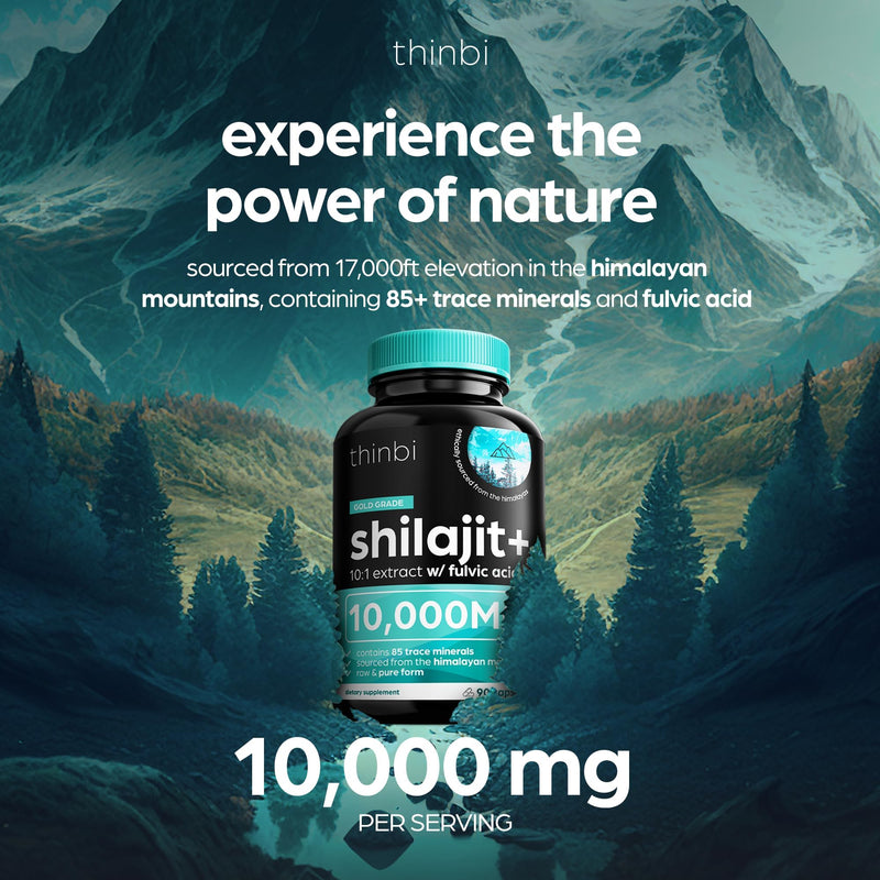 Thinbi Pure Himalayan Shilajit 10000mg Maximum Potency Organic Capsules 90 Count with Fulvic Acid & Trace Minerals for Enhanced Energy and Immune Support Men & Women Better Than Shilajit Resin