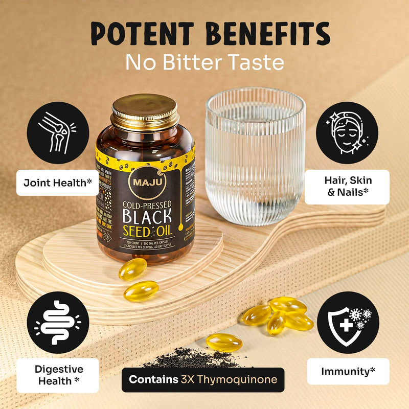Maju Superfoods Black Seed Oil Capsules, Strong Cold Pressed, 3X Thymoquinone, 100% Turkish Black Cumin Nigella Sativa Seed Oil, Organic BSO, Liquid Blackseed, 120 Count, 500mg per Capsule 120 Count (Pack of 1)