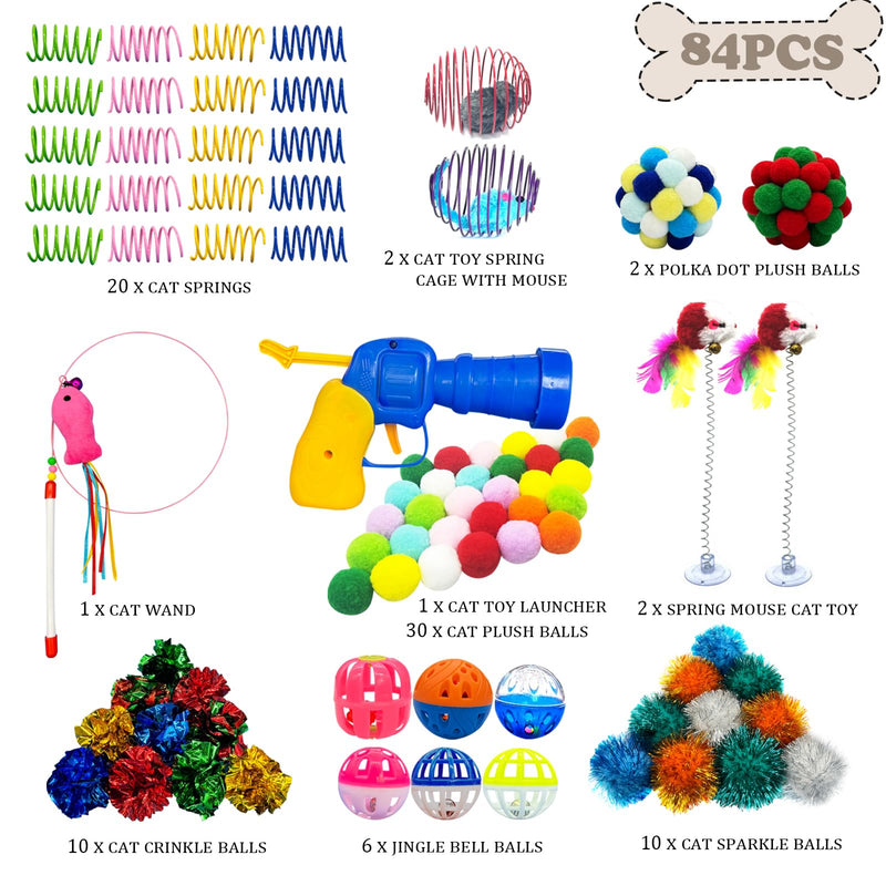 HerMia Cat Toys Variety Pack for Kitty 84 Pieces, Kitten Interactive Toys Bundle Set with Plush Ball Launcher, Bell Ball, Cat Wand, Cat Crinkle Ball, Cat Spiral Spring - BeesActive Australia