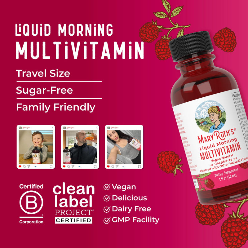 MARYRUTH'S Liquid Morning Multivitamin Travel Pack, Beauty, Vegan, 8 Pack | Mens & Womens Multivitamin, Vitamin A C D E B6 B12 Biotin Zinc, Beauty, Immunity, Vegan 1 Fl Oz (Pack of 8)