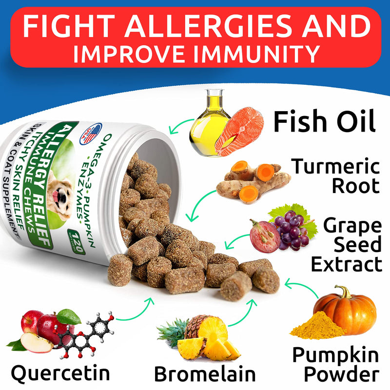 Allergy Relief Dog Treats + Dog Probiotics Chews Bundle - Omega 3 + Pumpkin + Enzymes for Itchy Skin Relief + Digestive Enzymes + Prebiotics for Gas, Diarrhea, Constipation, Upset Stomach Relief