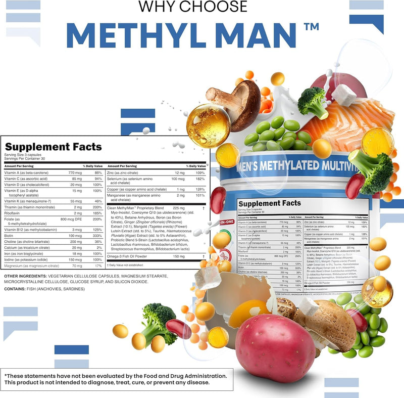 Methylated Multivitamin for Men with Vitamin B12 B6 Choline Magnesium Selenium CoQ10 Iodine Manganese Iron Boron Copper Thiamin Riboflavin Biotin Probiotics Omega 3 | Vegetarian Capsules Mens Vitamins