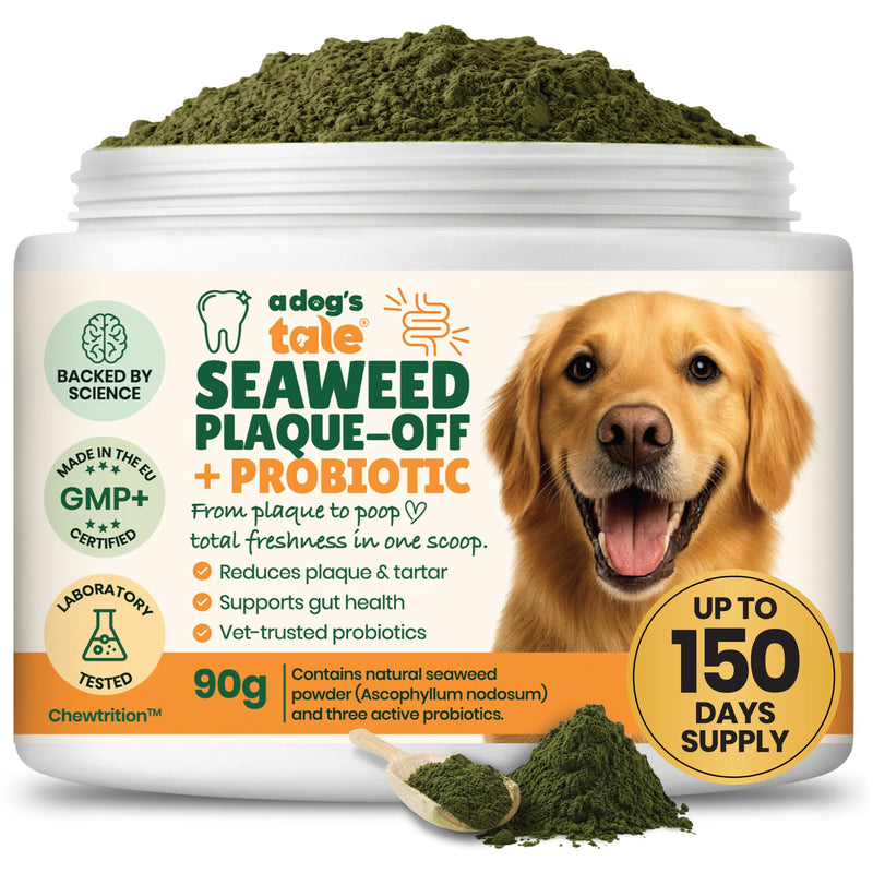 Plaque Off Powder for Dogs | Dogs Dental Powder for Teeth Cleaning, & Tartar Removal – Seaweed Plaque Remover with Probiotics for Gut Health & Fresh Breath – Up to 150 Days Supply