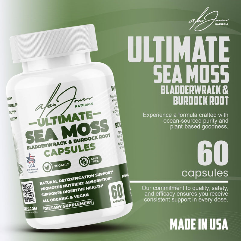 Alex Jones Organic Irish Sea Moss Capsules, Bladderwrack & Burdock - 60 Ct | Organic Irish sea moss with bladderwrack, burdock root & black pepper for immune, energy & digestive wellness Seamoss Capsules