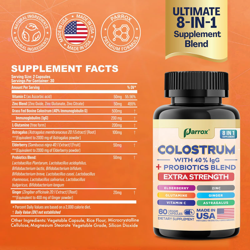 Colostrum Supplement Capsules, Grass Fed 40% IgG, 8-in-1, 180 Capsules | 8-in-1 Bovine Boost with Probiotics, Elderberry, Astragalus, Zinc, Ginger, Vitamin C & L-Glutamine 180 Count (Pack of 1)