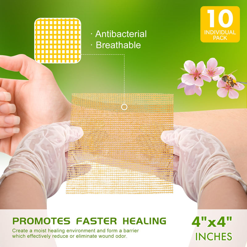 Manuka Honey Gauze Dressing 4"x4"(Pack of 10), Manuka Honey Wound Care Bandage for Cuts, Scalds and Burns, Wound Dressing Products 4"x4" pack of 10