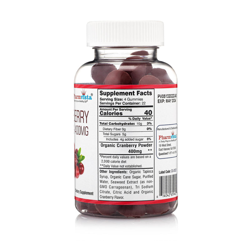 Pharmvista Cranberry Gummies for Kids & Adults 400mg-Gluten Free Allergen Free Nutrient Rich Vegan Supplement -Cranberry Chews-90 Count