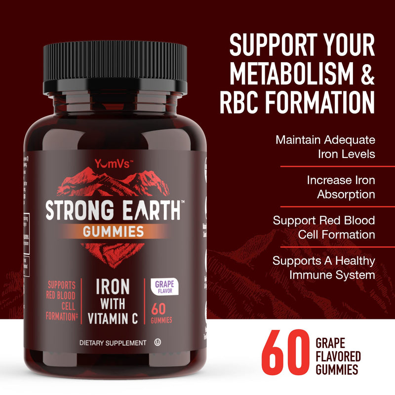 YUM-V'S Strong Earth Iron with Vitamin C Gummies (60 Count) - Iron Supplements with Vitamin C Gummy - Blood Builder Anemia FE Iron Gummies, Iron Supplement for Women and Men 60 Count (Pack of 1)