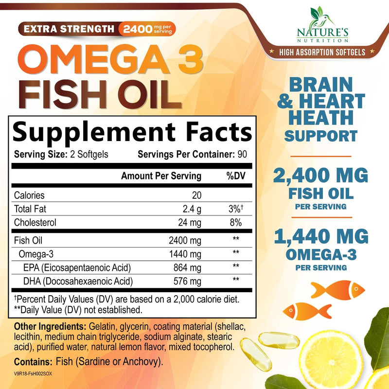 Omega 3 Fish Oil Supplements - 2400mg Fish Oil Per Serving - Triple Strength Omega-3 with EPA & DHA Fatty Acids - Natural Heart, Brain & Immune Support - Wild Caught, Bottled in USA - 180 Softgels 180 Count (Pack of 1)