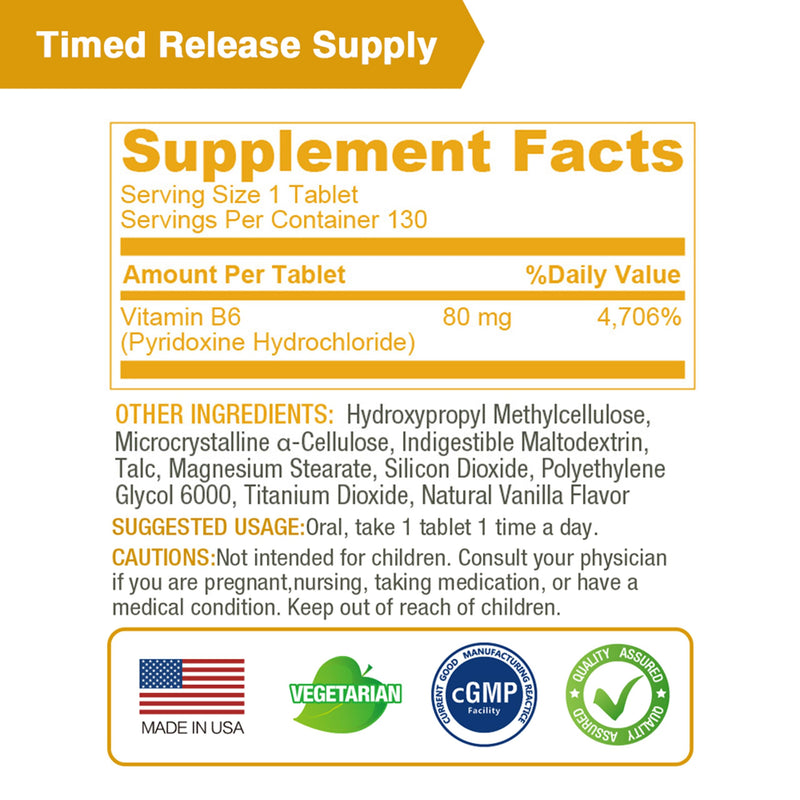 LOVITA Vitamin B6 (Pyridoxine Hydrochloride) 80mg, Timed Release, 8 Hours Sustained, Support Cardiovascular & Nerve Health, 130 Vegan Tablet