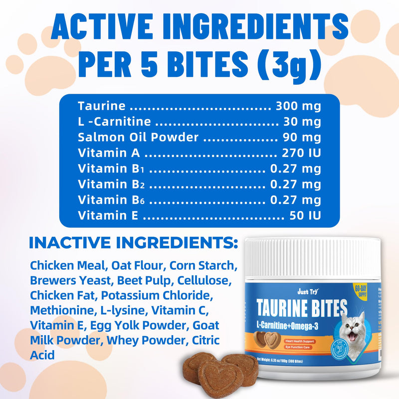 Just Try 6.35 oz Cat Taurine Bites - Taurine for Cats with L-Carnitine, Omega 3 and Vitamins - Supports Immune, Heart and Eyes Health Cat Supplements 300 Bites