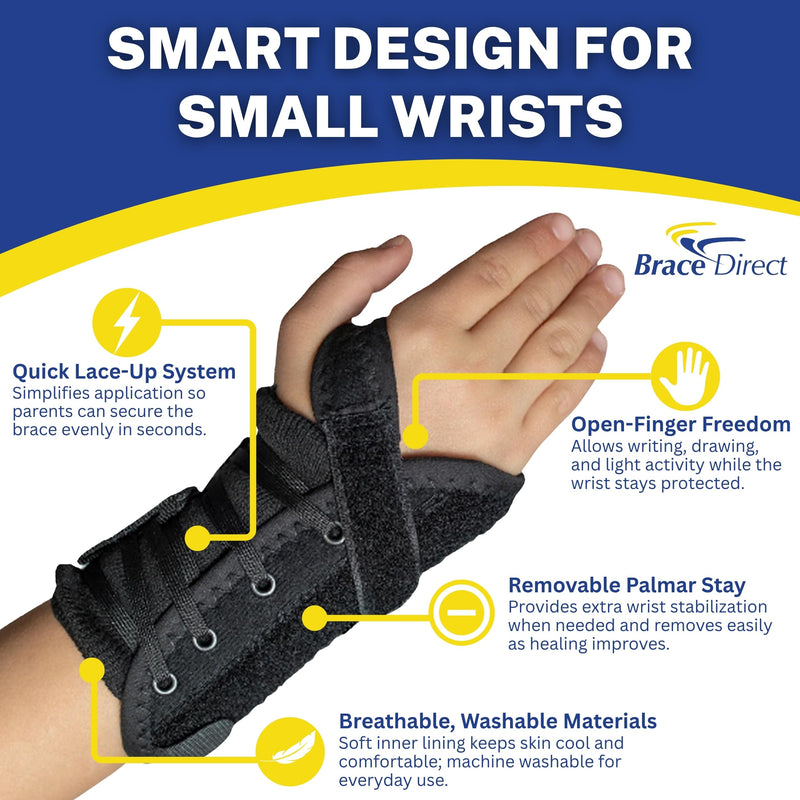 Brace Direct Kids Lace-Up Wrist Brace for Sprains Strains Carpal Tunnel De Quervain's - Pediatric Support Splint for Youth Injury Recovery - Ages 18M-7Y - LEFT WRIST (Circumference 4-5.5")