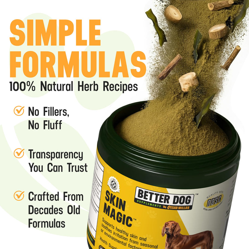 Better Dog Supplements by Cesar Millan® Skin Magic – Natural Skin and Coat Supplement for Dogs Irritation from Seasonal Factors, Hot Spots, & Itch Relief Dog Skin Supplement – 4oz (60-Day Supply)