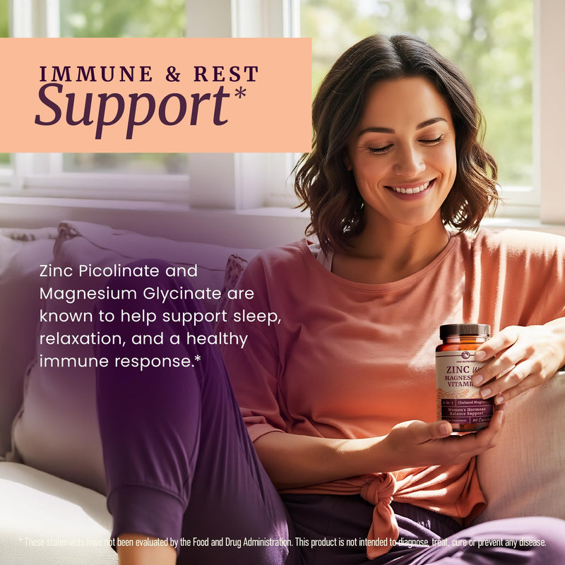 Zinc and Magnesium Supplement with Vitamin B6, Women’s Hormone Balance | Menstrual Cycle & Immune Support, High Absorption Chelated Magnesium Glycinate with Zinc Picolinate and Vit B6, 60 Capsules