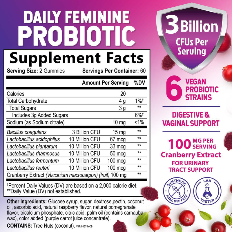 Probiotics for Women Gummies with Cranberry - 6 Premium Strains for PH Balance - Women Probiotics for Digestive Health, Vaginal & Immune Support, Women's Probiotic Feminine Health Gummy - 120 Gummies 120 Count (Pack of 1)