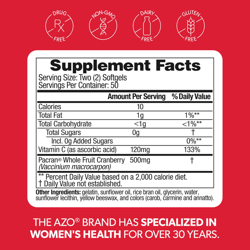 AZO Cranberry Supplement, Made with Concentrated Whole Fruit Cranberry Powder to Help Cleanse and Protect the Urinary Tract*, Sugar Free Cranberry Pills, Non-GMO, 100 Softgels Herbal Supplement 100 Count (Pack of 1) - BeesActive Australia