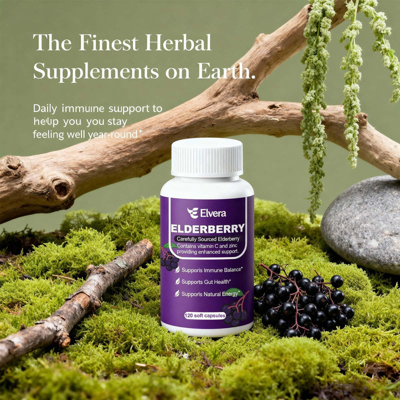 Elderberry - Elvera Elderberry Gut Support, 1200mg Elderberry Extract, Vitamin C, Zinc for Digestive Balance, Immune Support | Vegan, Non-GMO | 120 Soft Capsules 1pc