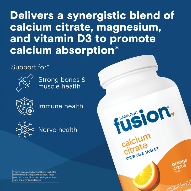 Bariatric Fusion Calcium Citrate Chewable Tablet | Orange Citrus Flavored | Chewable Calcium Citrate | Bone Health Support* | Gluten, Dairy and Soy Free | Non-GMO | 124 Count