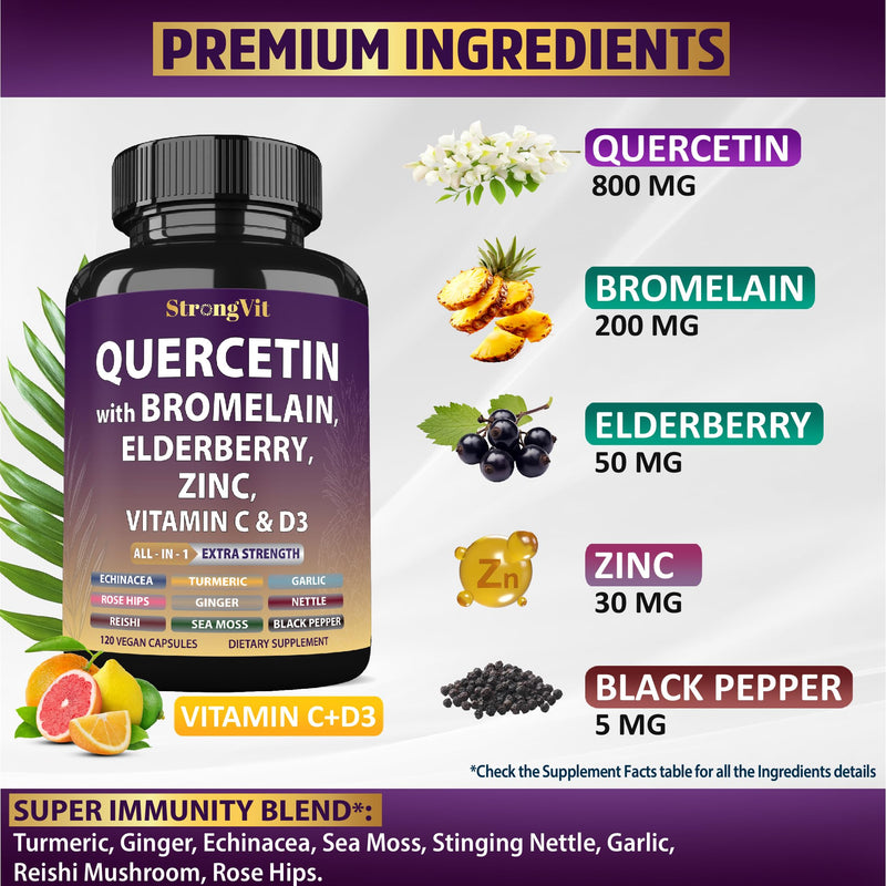 StrongVit Quercetin with Bromelain, Elderberry, Vitamin C, D3 and Zinc. Super Immune Support Supplement. Organic Complex for Men & Women, Non-GMO, Gluten-Free, Vegan, USA (120 Capsules) 120 Count (Pack of 1)