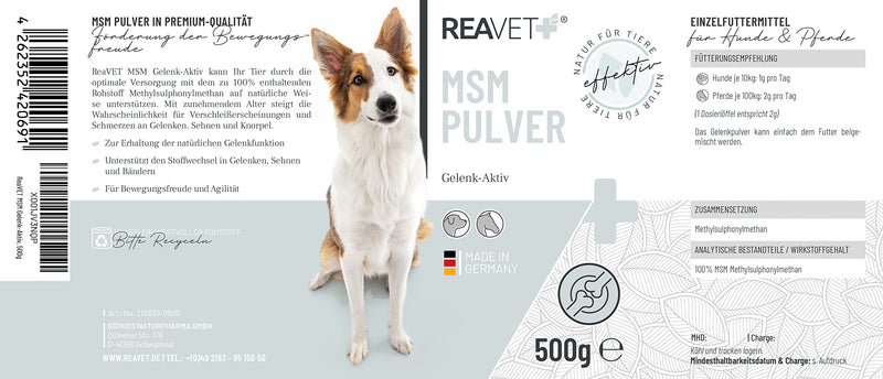 ReaVET MSM powder for dogs 500g - MSM dog, joint powder for tendons, ligaments & cartilage, joint powder methylsulfonylmethane, natural joint protection, promotion of joy of movement