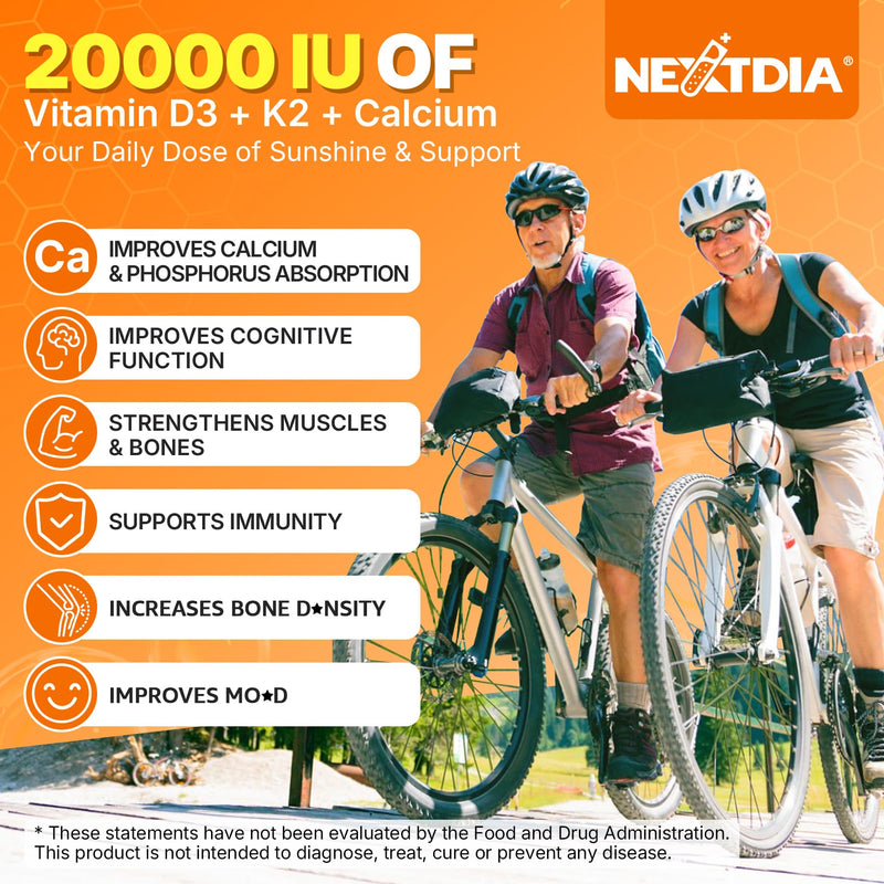 Vitamin D3 20,000 IU + K2 Vitamin (MK4 & MK7) 200mcg + Calcium Citrate, Optimal Vitamin D3 K2 Softgel - Strong Bone & Muscle, Calcium Absorption, Helping Vitamin D Deficiencies, Easy to Swallow, 2Pack 120 Count (Pack of 2)