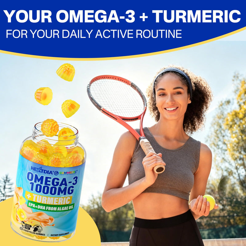 Omega-3 Gummies 1000mg + Turmeric, Fish Oil Alternative No Fish Taste 120Ct | Burpless Algae DHA 600mg + EPA 300mg(3:1), Vegan Sugar Free Omega 3 Fatty Acids for Women Men Adults, Vitamins A C E Zinc MSM 60 Count (Pack of 2)