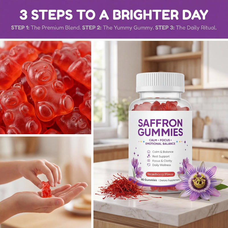 Saffron Gummies, Mood & Calm Support withPassion Flower, St. John's Wort, GABA & Vitamin D2,Emotional Balance & Focus Formula, Strawberry Flavor, 90Gummies