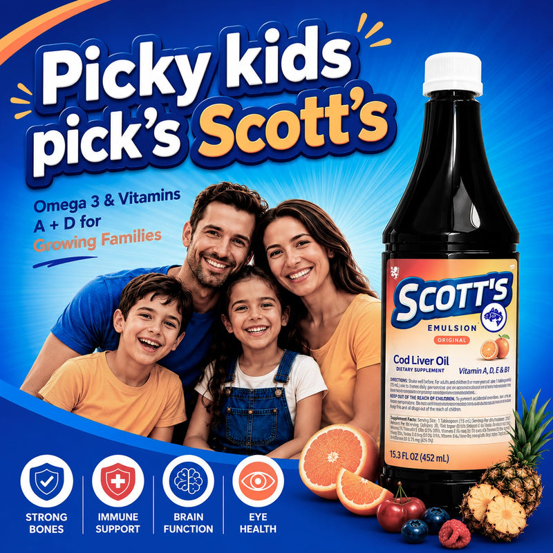 SCOTT'S EMULSION Cod Liver Oil Liquid for Kids – Fruits Flavor – Supports Growth, Immunity & Bone Health – Rich in Omega 3 & Vitamins A+D – Easy-to-Take Fish Oil – 6.5 Fl Oz Fruit Punch 6.5 Fl Oz (Pack of 1)