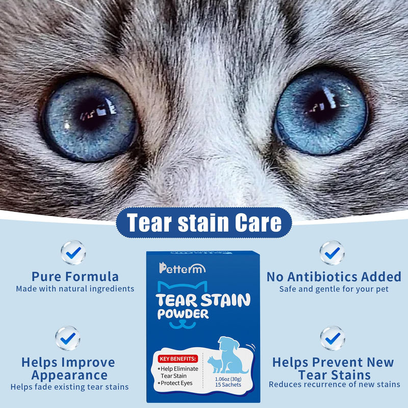 PETTERM Tear Stain Powder for Dogs and Cats - Internal Eye Health Supplement with 6 Billion CFU Probiotics & Lactoferrin - 15 Pre-Measured Sachets, Picky Eater Approved Chicken Flavor (1.06oz)
